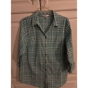 ALIA PLUS Plaid Button Down Shirt Womens 16W Green White 3/4 Sleeve Casual Top